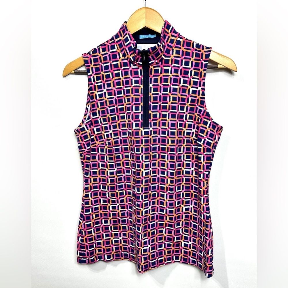 J. McLaughlin Catalina Cloth 1/4 Zip Top Sleeveless Pink Geometric Patterned S
